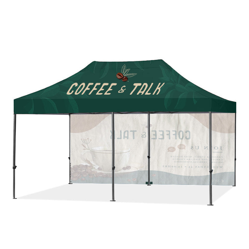10 ft x 20 ft Pop-up Canopy tent with Back Wall, featuring a Custom full-color Logo and a graphic.