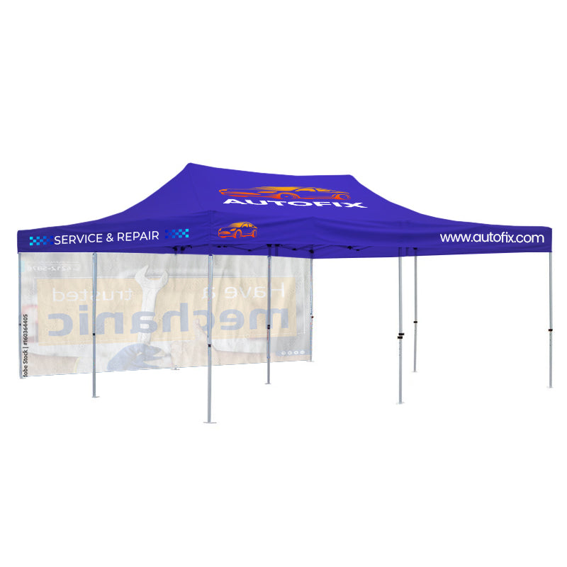A Blue 20 x 20 ft Pop-Up Canopy Tent with Back Wall Featuring Full Color Custom Print