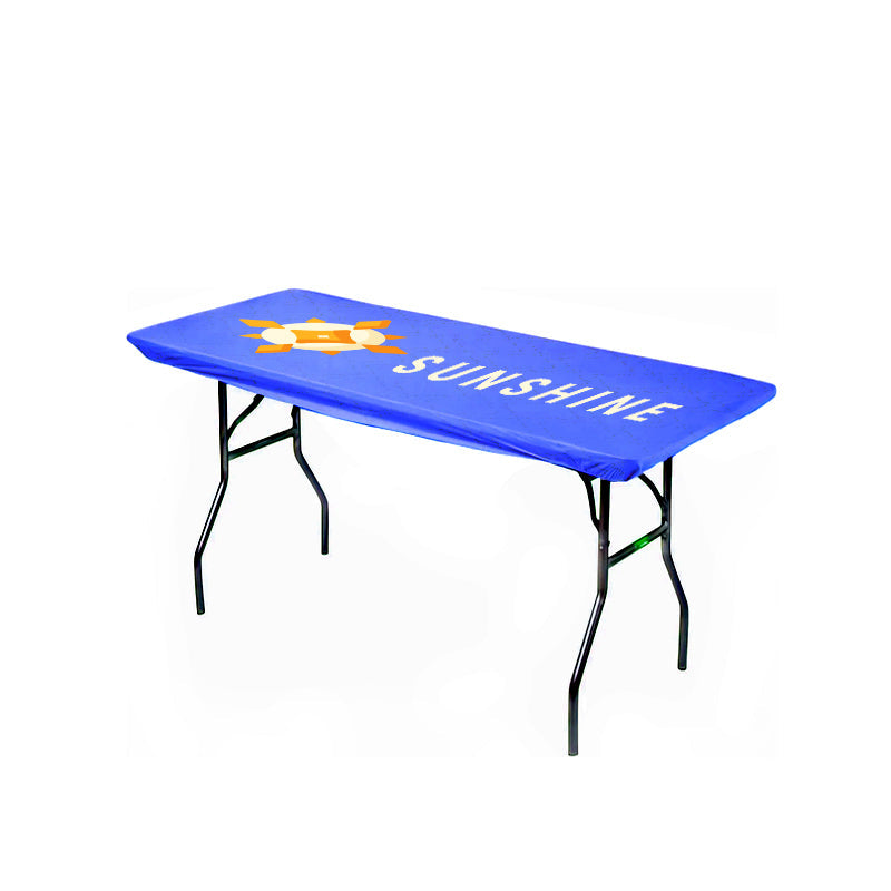 custom tablecloth printed in yellow, featuring stretchable fabric with loop fit