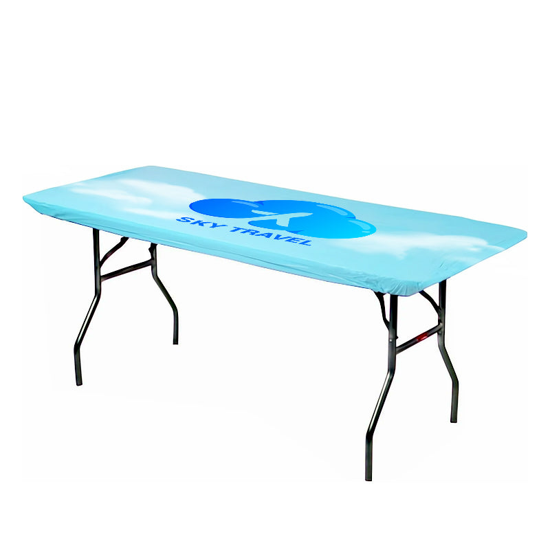 Custom Quick Loop™ Tablecloth with Sky Travel logo in blue on a rectangular table. Wrinkle-free table throw fits securely for professional event setups.