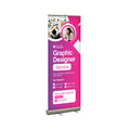 A standard retractable banner stand 33 x 80 inches with a custom imprinted graphic