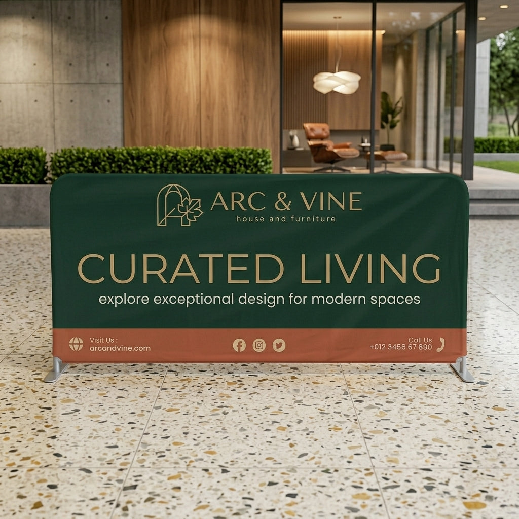 Promotional barrier system for Arc & Vine with a modern interior background