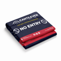 Folded crowd control barrier fabric only with 'Cantilever' branding and 'No Entry' text on a white background