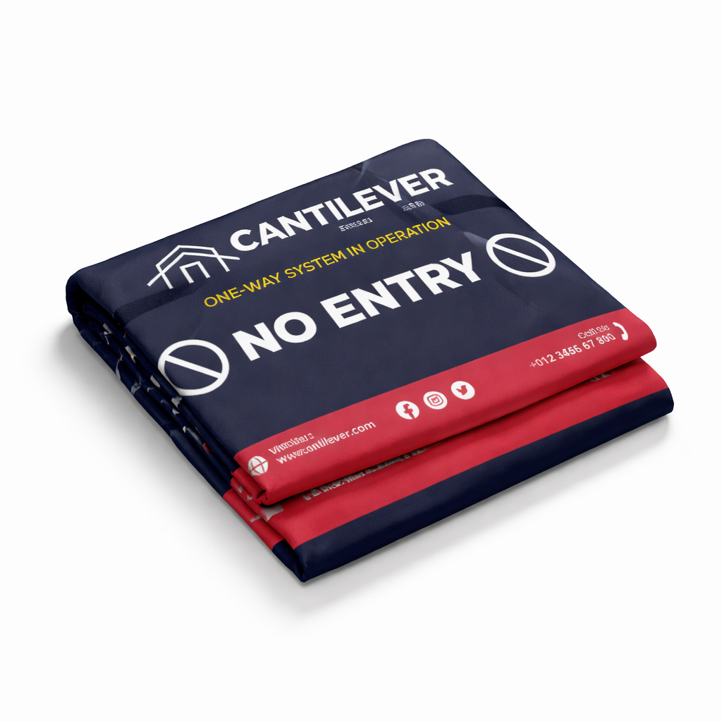 Folded crowd control barrier fabric only with 'Cantilever' branding and 'No Entry' text on a white background