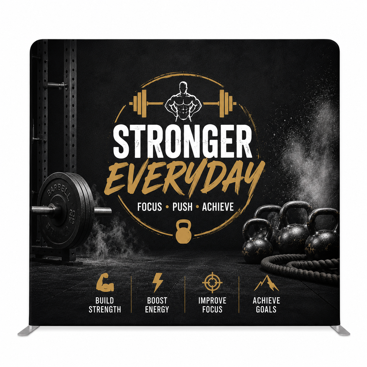 Fitness-themed banner with 'Stronger Everyday' text and gym equipment on a black background